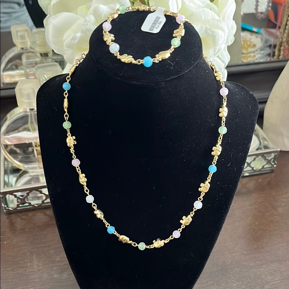 Golden Elephant Multicolor Beaded Necklace and Bracelet Set